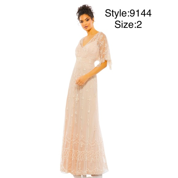 V neck flutter sleeve embellished mesh gown - Picture 1 of 3